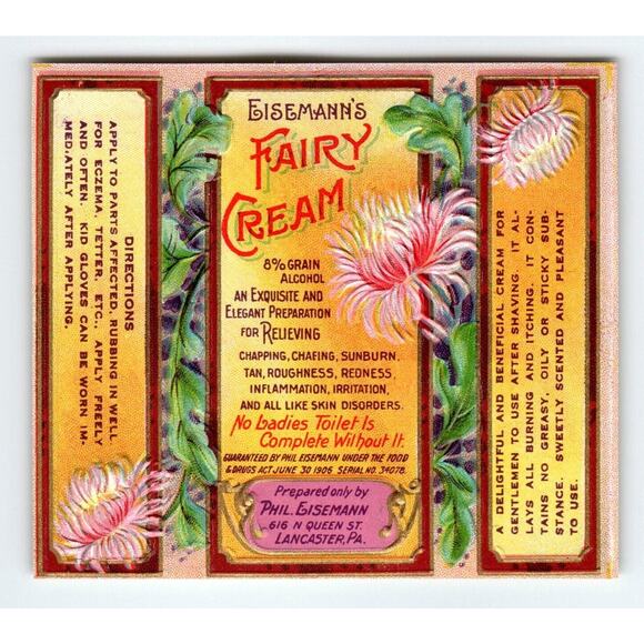 1900's Fairy Cream Label Phil Eisemann's Embossed Vintage Lancaster Pa Flowers - Picture 1 of 2